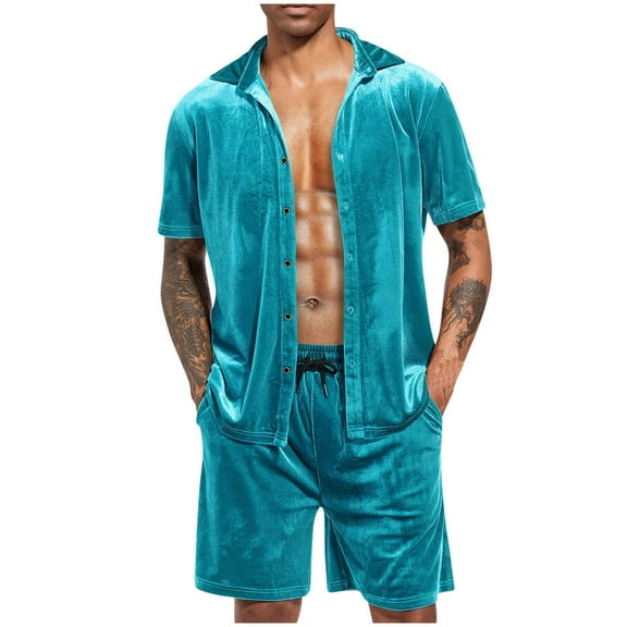 VBTAPA Men Velvet Pajamas Set with Pockets Summer Loungewear 2 Piece Button Down Shirt and Shorts Set Soft Comfy Sleepwear Prime Sale Sky Blue XL