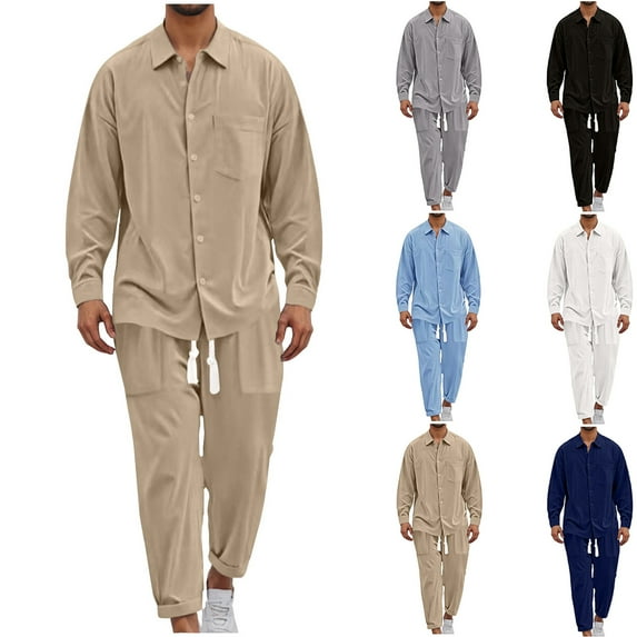 VBTAPA Men's 2 Piece Cotton Linen Set Long Sleeve Pocket Shirts and Straight Leg Pants Casual Beach Matching Sets Summer Yoga Outfits Sales of Today Black L