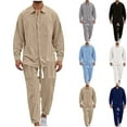 thumbnail image 1 of VBTAPA Men's 2 Piece Cotton Linen Set Long Sleeve Pocket Shirts and Straight Leg Pants Casual Beach Matching Sets Summer Yoga Outfits Today's Sales Sky Blue L, 1 of 6