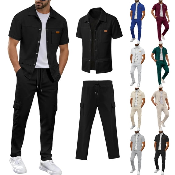 VBTAPA Men's 2 Piece Outfit 2026 Summer Fashion Waffle Tracksuit Short Sleeve Button Down Shirt and Cargo Pant Sets Black S