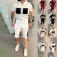 thumbnail image 1 of VBTAPA Men's 2 Piece Outfits Color Block Fashion Casual Tracksuit Short Sleeve Cotton Shirt and Shorts Set Summer Hipster Streetwear Limited Time Sales Beige S, 1 of 7