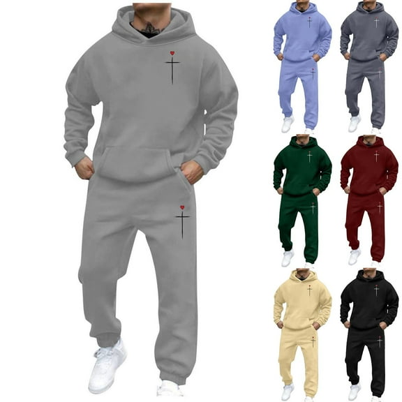 VBTAPA Men's 2 Piece Outfits Cross Graphic Print Long Sleeve Pocket Hoodie Sweatshirt and Sweatpants Tracksuit Set Light Blue S