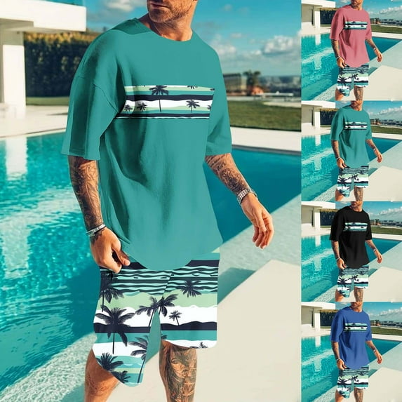 VBTAPA Men's 2 Piece Outfits Hawaiian Tropical Graphic T Shirt and Shorts Set Summer Beach Vacation Sets with Pockets Blue S