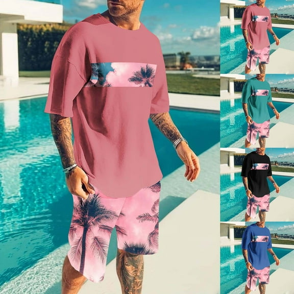 VBTAPA Men's 2 Piece Outfits Palm Tree Printed Short Sleeve Crewneck T Shirt and Casual Track Shorts Set Summer Vacation Sets Lightning Sales of The Day Green XXXL