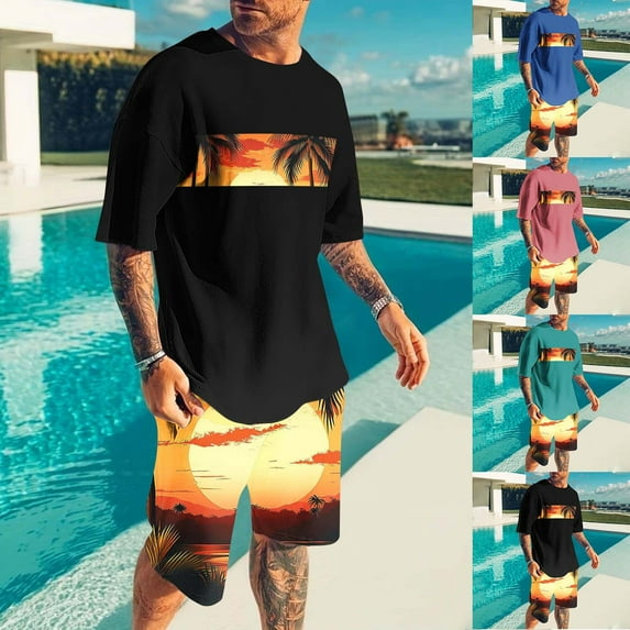 VBTAPA Men's 2 Piece Outfits Short Sleeve Tropical Graphic Tee Tops and Elastic Waist Shorts Set Summer Casual Track Suit Sets on Sale Blue XXL