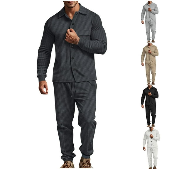 VBTAPA Men's 2 Piece Outfits Solid Casual Sweatsuit Long Sleeve Button Down Shirt Drawstring Jogger Pants Matching Lounge Track Suit with Pockets on Clearance Black S