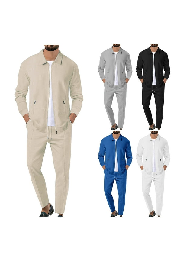 Men's 2 Piece Outfits Waffle Knit Long Sleeve Zip Up Jacket with Straight Leg Pants Matching Lounge Set Solid Casual Tracksuit with Pockets Black XXXL