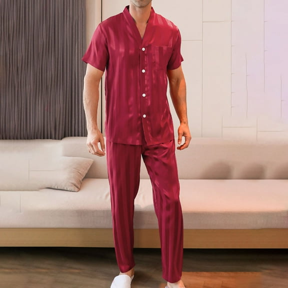 VBTAPA Men's 2 Piece Pajama Sets Striped Print Satin Silk Button Down Shirts and Pants Set Loose Comfy Loungewear Short Sleeve Sleepwear Sets Limited Time Sales Red L