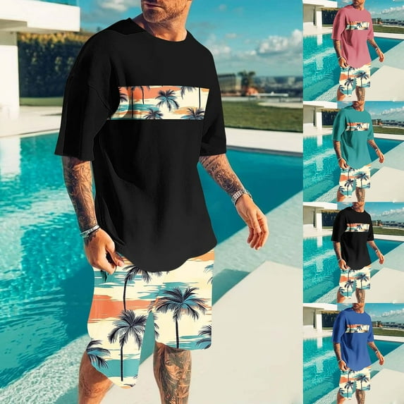 VBTAPA Men's 2 Piece Short Sleeve Tracksuit Tropical Palm Graphic T Shirt and Shorts Set Summer Casual Beach Outfits Hawaiian Matching Sets Daily Sales Pink S