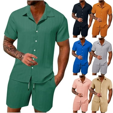 VBTAPA Men's 2 Piece Summer Outfits Casual Beach Suit Breathable Comfy Cotton Linen Shirts and Shorts Set Solid Color Matching Lounge Sets Flash Deals Today Army Green L