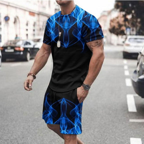 VBTAPA Men's 2 Piece Summer Outfits Realistic Flame 3D Print Short Sleeve T Shirts and Shorts Set Big and Tall Casual Streetwear Blue L