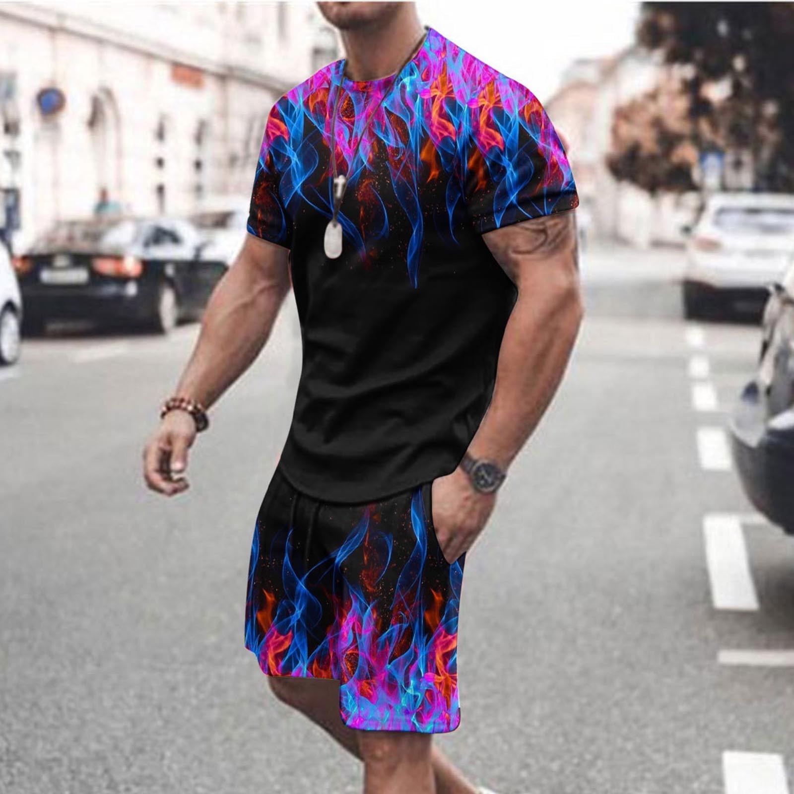 VBTAPA Men's 2 Piece Summer Outfits Realistic Flame 3D Print Short
