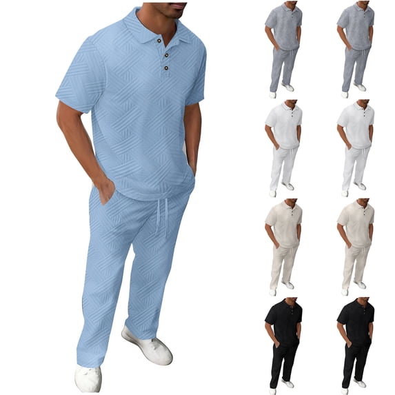 VBTAPA Men's 2 Piece Summer Outfits Short Sleeve Csual Track Suits Textured Polo Shirts and Drawstring Pants Set with Pockets Khaki L