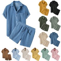 VBTAPA Men's 2 Piece Summer Outfits Corduroy Short Sleeve Shirts and Shorts Set Casual Beach Suit Soft Comfy Lounge Sets Beige XXXL