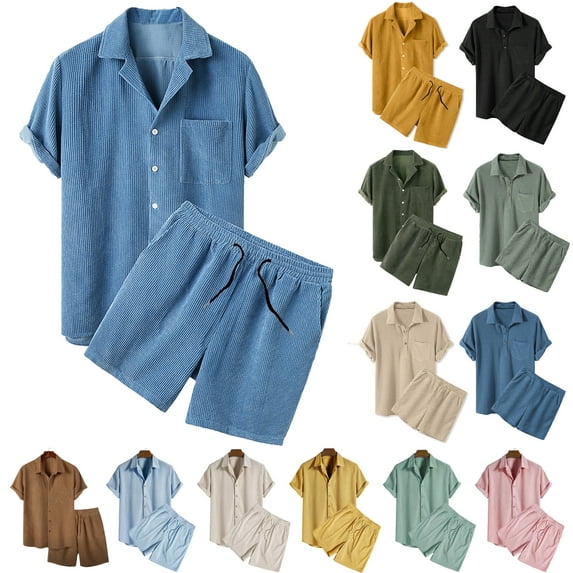 VBTAPA Men's 2 Piece Summer Outfits Corduroy Short Sleeve Shirts and Shorts Set Casual Beach Suit Soft Comfy Lounge Sets Black XXL
