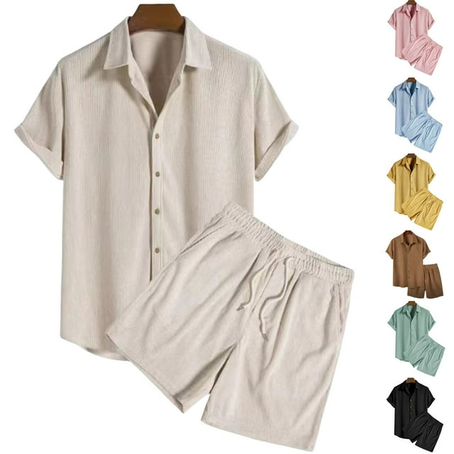 VBTAPA Men's 2 Pieces Corduroy Sets Short Sleeve Button Down Shirts and Shorts Sets Summer Casual Beach Outfits Sales of Today Beige(Without Chest Pocket) XXXL