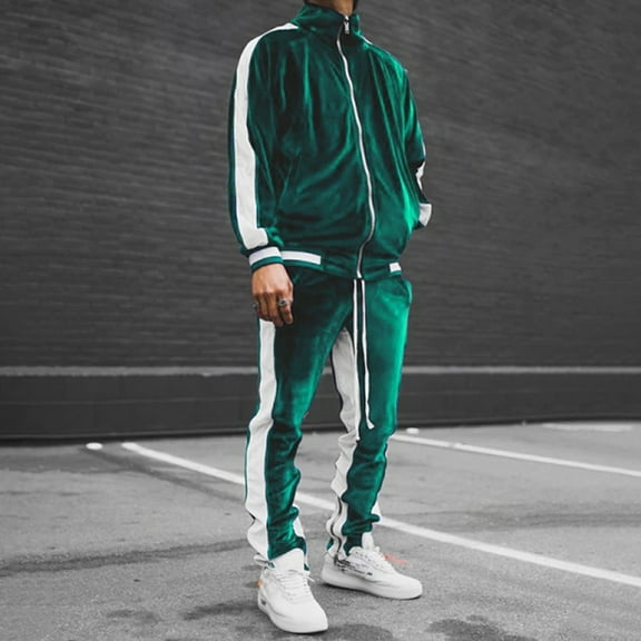 VBTAPA Men's 2 Pieces Full Zip Tracksuits Golden Velvet Casual Sport Outfits Color Block Long Sleeve Jacket & Pants Set Jogging Matching Suits with Pockets Green L