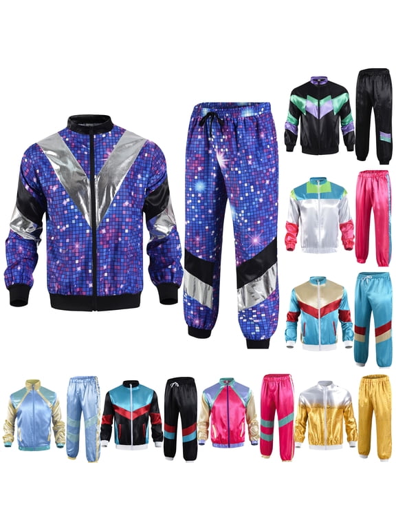 Men's 80s Sportswear Sets Retro Disco Hip-Hop Sportswear Jacket and Pants Set Hot Pink XXL