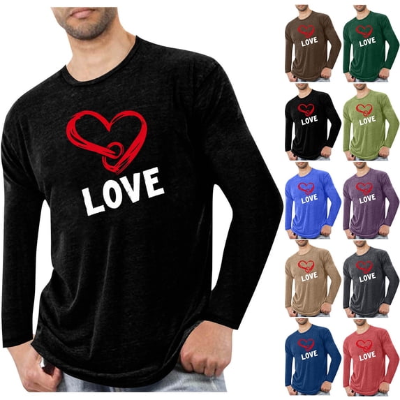 VBTAPA Men's Big & Tall T Shirts Long Sleeve Crew Neck Stretch Tees Love Heart Graphic Print Tops Valentine's Day Gift for Men Green XL