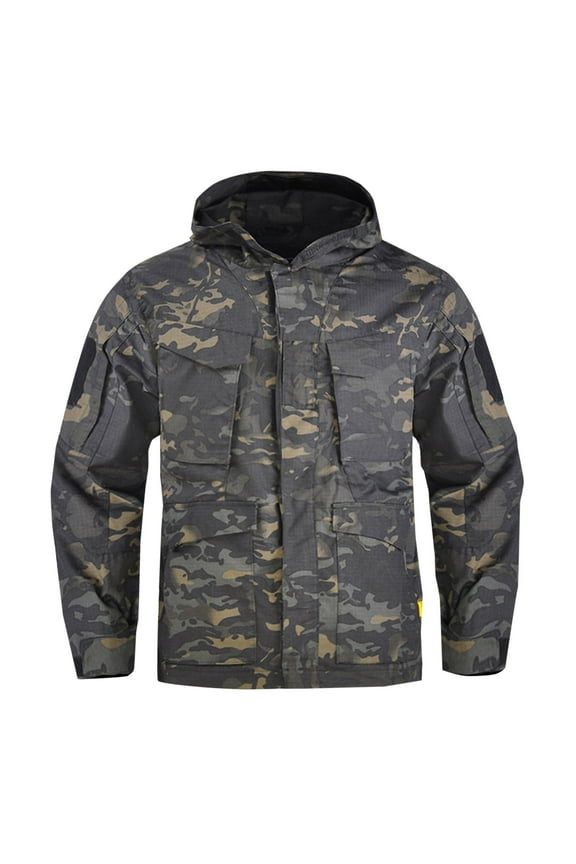 Men's Camo Rain Jacket Lightweight Waterproof Hooded Raincoat Outdoor Military Tactical Jacket Hiking Windbreaker Jackets with Zipper Pockets Gray L