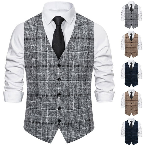 VBTAPA Men's Casual Dress Suit Vest Slim Fit Business Formal Waistcoat Plaid Vest for Wedding Sleeveless Tuxedo Jacket Vintage Outfit Tops Khaki XXL
