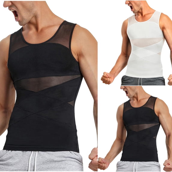 VBTAPA Men's Compression Shirt for Body Shaper Slimming Vest Tight Tummy Underwear Tank Top White XL