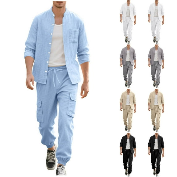 VBTAPA Men’s Cotton Linen 2 Piece Set Summer Casual Outfits Long Sleeve Henley Shirt and Drawstring Cargo Pant Sets Beach Lounge Sets Light Blue XXL