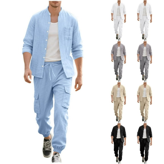 VBTAPA Men’s Cotton Linen 2 Piece Set Summer Casual Outfits Long Sleeve Henley Shirt and Drawstring Cargo Pant Sets Beach Lounge Sets White XXL