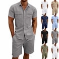 thumbnail image 1 of VBTAPA Men's Cotton Linen 2 Piece Set Summer Casual Outfits Short Sleeve Cargo Shirt and Shorts Matching Sets with Pockets Black XL, 1 of 7