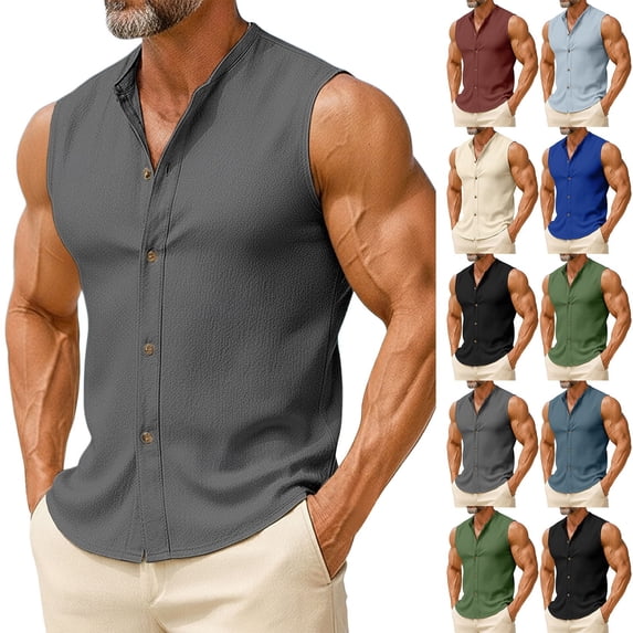 VBTAPA Men's Cotton Linen Tabk Tops Sleeveless Button Down Shirts Summer Fashion Casual Sport Beach Top Light Blue XXL