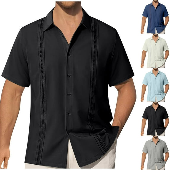 VBTAPA Men's Cuban Guayabera Shirt Short Sleeve Casual Button Down Shirts Summer Beach Linen Shirts Sales of the Day Light Blue XXXL