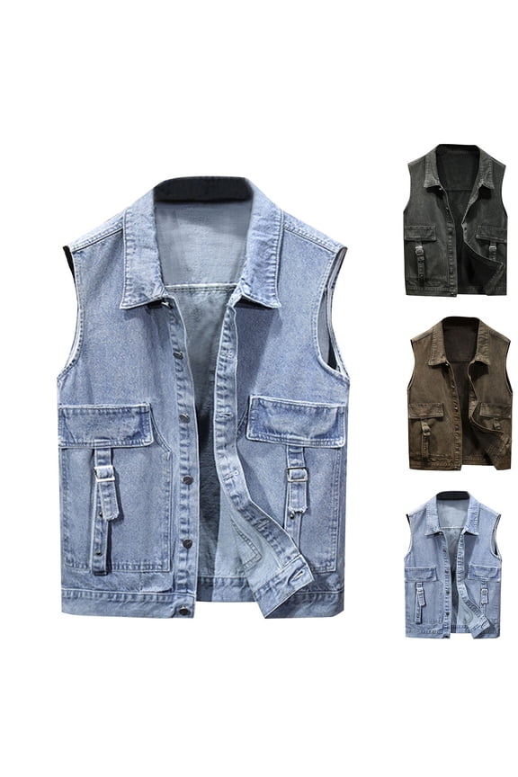 Men's Denim Vest Sleeveless Cargo Jacket Vintage Casual Jean Vest Hipster Streetwear Tops Coffee XXXL