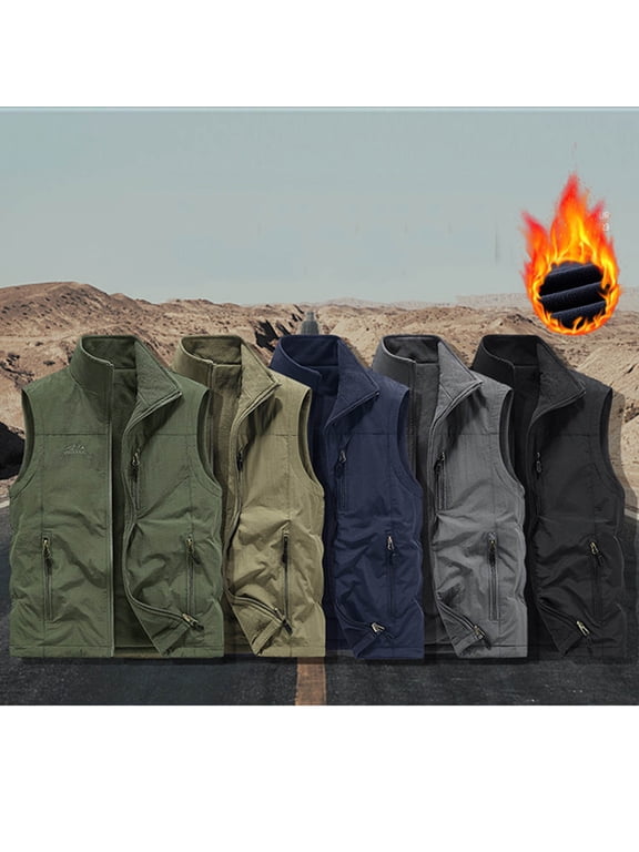 Men's Fleece Vest Lightweight Reversible Sleeveless Jacket Stand Collar Full Zipper Outdoor Winter Coats with Pockets Gray XXXXL