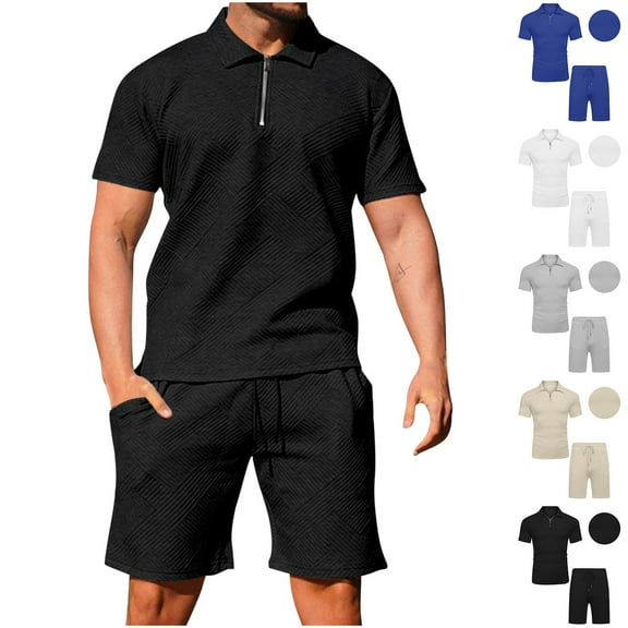 VBTAPA Men's Golf Shirt and Shorts Set Summer Casual Short Sleeve Zipper Polos Tees Matching Drawstring Waist Shorts 2 Piece Tracksuits Clearance Sale Black L