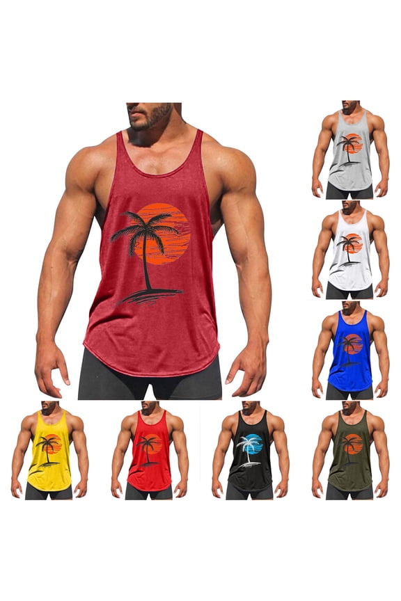 Men's Gym Workout Tank Tops Y-Back Muscle Tee Stringer Bodybuilding Sleeveless Palm Tree T-Shirts Wine XXXXXL