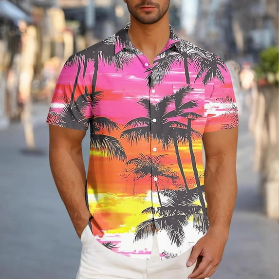 VBTAPA Men's Hawaiian Floral Shirts Big and Tall Button Down Short Sleeve Shirt Tropical Holiday Beach Shirts Sales of the Day Pink XXXL