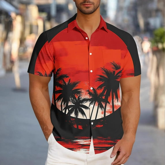 VBTAPA Men's Hawaiian Floral Shirts Big and Tall Button Down Short Sleeve Shirt Tropical Holiday Beach Shirts Sales of the Day Red XL
