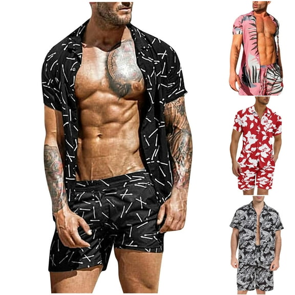 VBTAPA Men's Hawaiian Matching Set Summer Beach 2 Piece Outfits Short Sleeve Flower Shirts and Shorts Sets Blue XXL