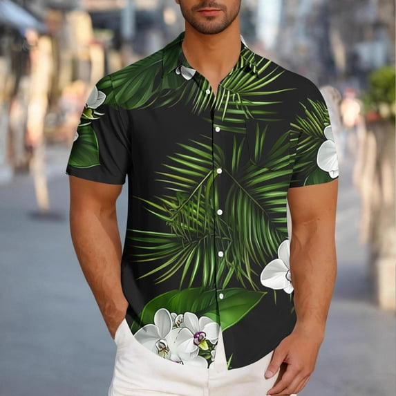 VBTAPA Men's Hawaiian Shirt Short Sleeve Tropical Vacation Button Down Shirt Summer Beach Floral Palm Shirts Lightning Sales Army Green L