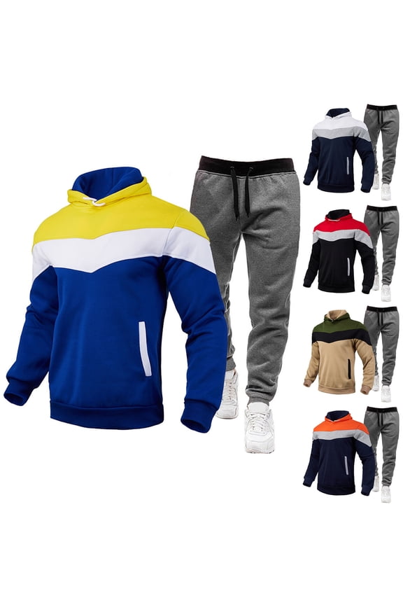 Men's Hooded Athletic Tracksuit Casual Sports 2 Pieces Suits Color Block Hoodies and Sweatpants Jogging Matching Set with Pockets White XL