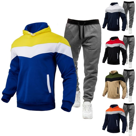 VBTAPA Men's Hooded Athletic Tracksuit Casual Sports 2 Pieces Suits Color Block Hoodies and Sweatpants Jogging Matching Set with Pockets White XL