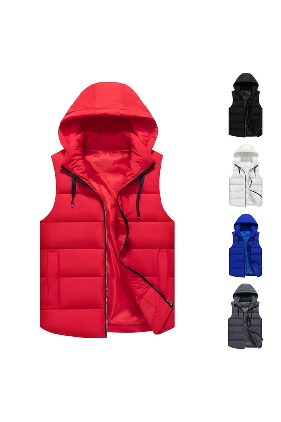 Men's Hooded Puffer Vests Color Block Zip Up Sleeveless Down Jacket Winter Warm Padded Vest Coats with Pockets Navy L
