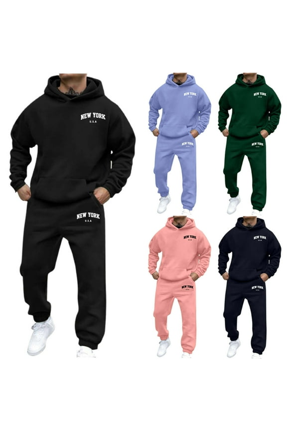Men's Hooded Tracksuit 2 Piece Outfits Letter Graphic Long Sleeve Drawstring Hoodies Sweatshirt and Jogger Sweatpants Set with Pockets Sales of Today Dark Blue XL