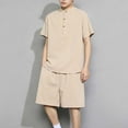 thumbnail image 1 of VBTAPA Men's Linen Shirt and Shorts Set Short Sleeve Collared T-shirt Drawstring Shorts 2 Pieces Beach Outfits Basic Solid Matching Lounge Sets Khaki XXXXXL, 1 of 5