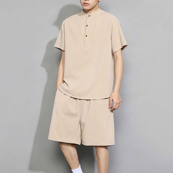 VBTAPA Men's Linen Shirt and Shorts Set Short Sleeve Collared T-shirt Drawstring Shorts 2 Pieces Beach Outfits Basic Solid Matching Lounge Sets Khaki M