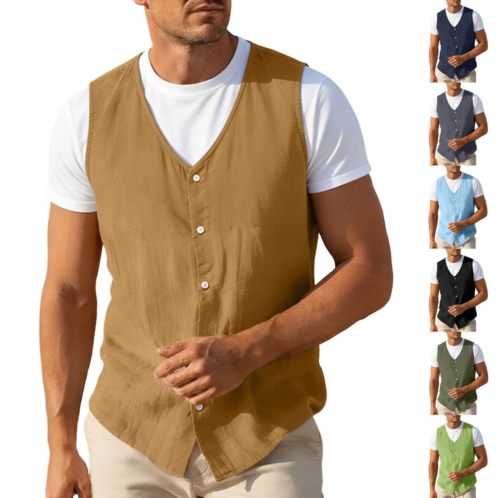VBTAPA Men's Linen Vest Business Casual Waistcoat Formal Beach