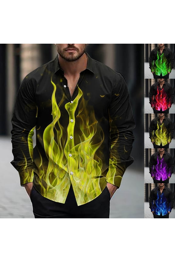 Men's Long Sleeve Button Down Shirts with Flame Print in Various Colors for Spring and Fall Purple XL