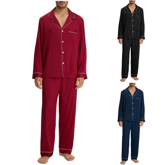 VBTAPA Men's Long Sleeve Pajama Set Button Down Pajama Top with Full Length Elastic Waist Pants Classic Notch Collar Pajamas Navy L