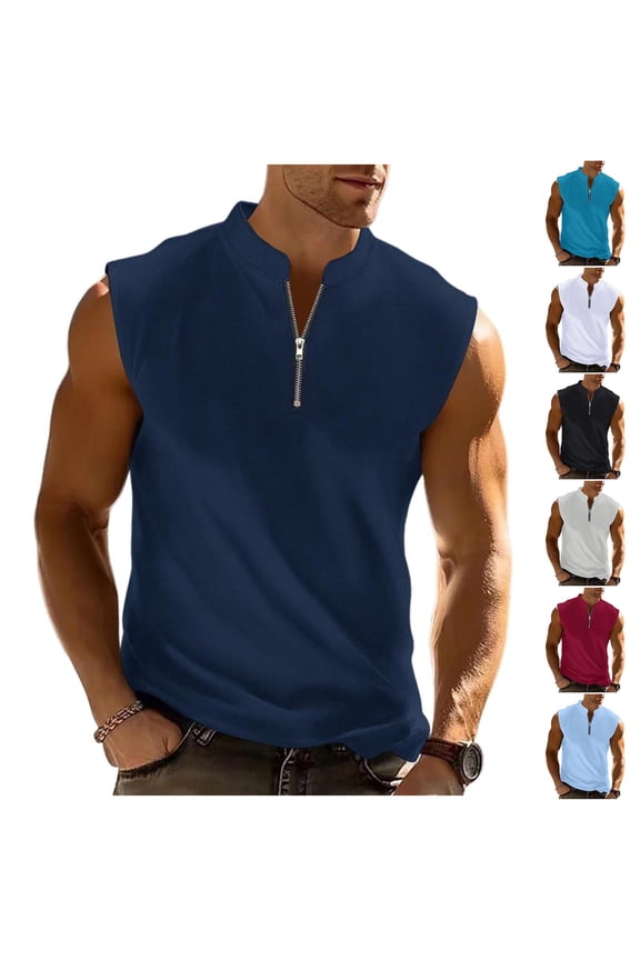 Men's Mesh Tank Top Quarter Zip Sleeveless Polos Shirts Lightweight Summer Casual Athletic Workout Undershirt Gray L