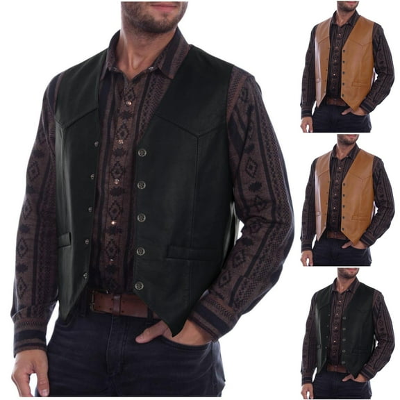 VBTAPA Men's PU Faux Leather Vest Button Front V Neck Waistcoat Western Cowboy Motorcycle Vests Black XL